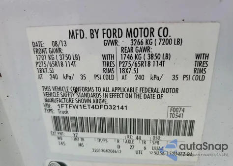 2013 Ford F150 Supercrew из США, поврежденный, VIN 1FTFW1ET4DFD32141